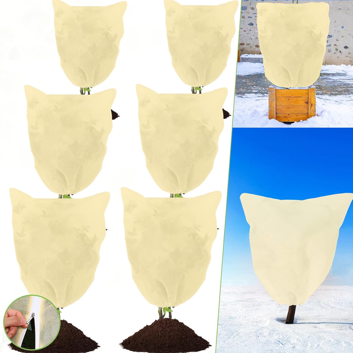 Windyun Paquete de 6 cubiertas de 3 tamaños para plantas con protección contra la congelación con cordón de cremallera, cubierta de plantas de