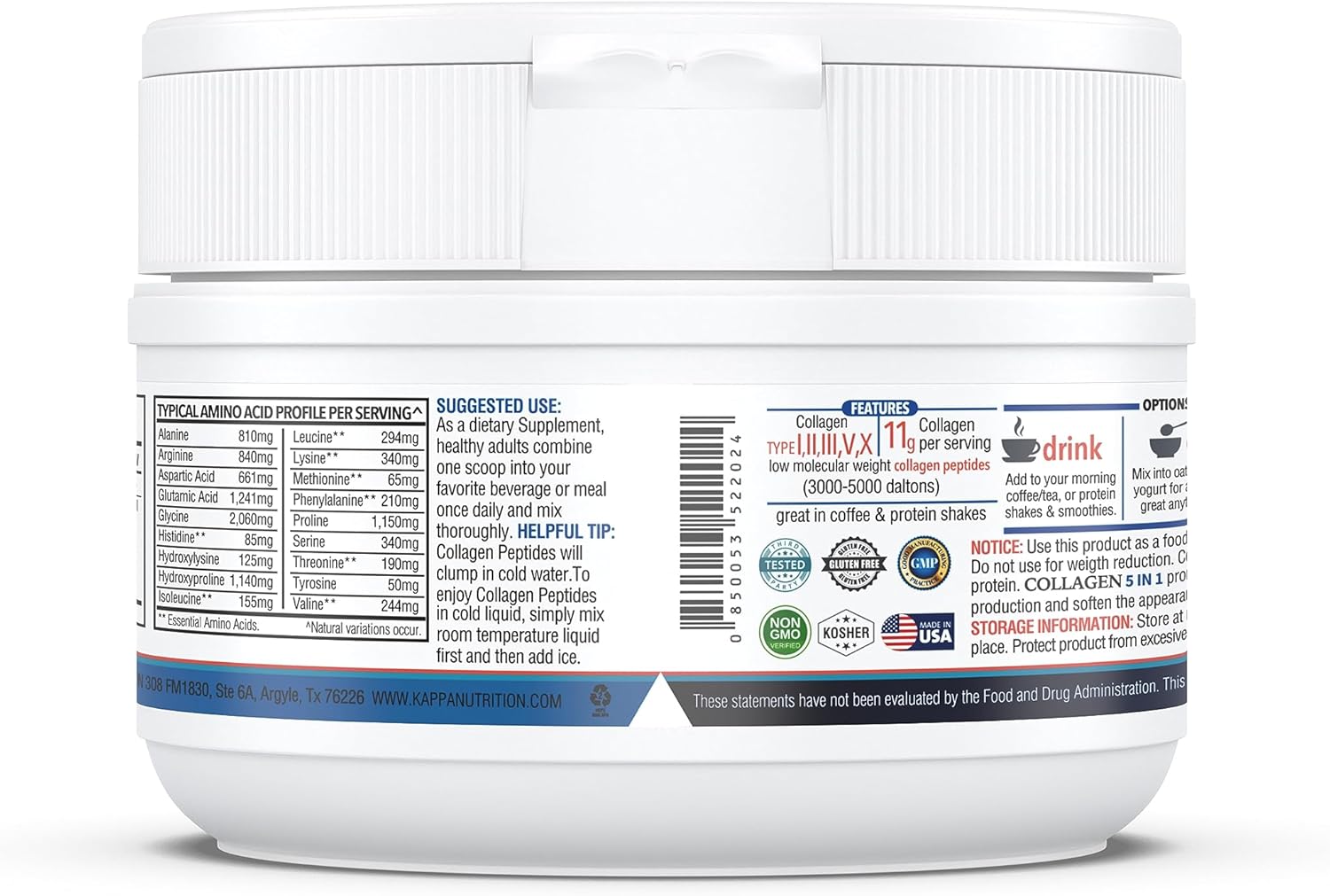 KAPPA NUTRITION Complejo de colágeno – Tipo I, II, III, V, X, alimentado con pasto, sin OMG, 30 porciones
