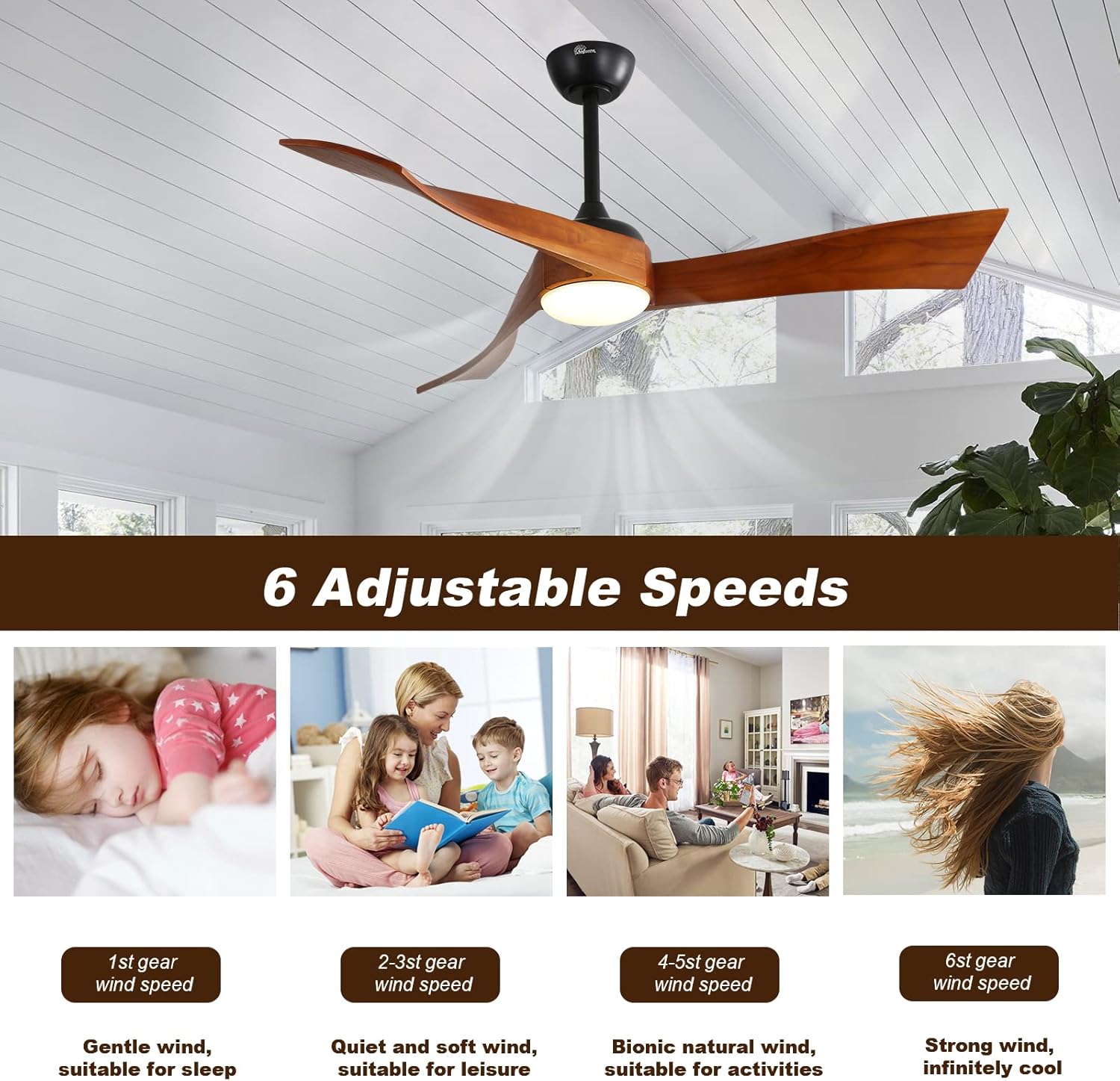 Sofucor Ventilador de techo de madera de 52 pulgadas para interiores con luz y control remoto, ventilador de techo de 3 aspas reversibles para