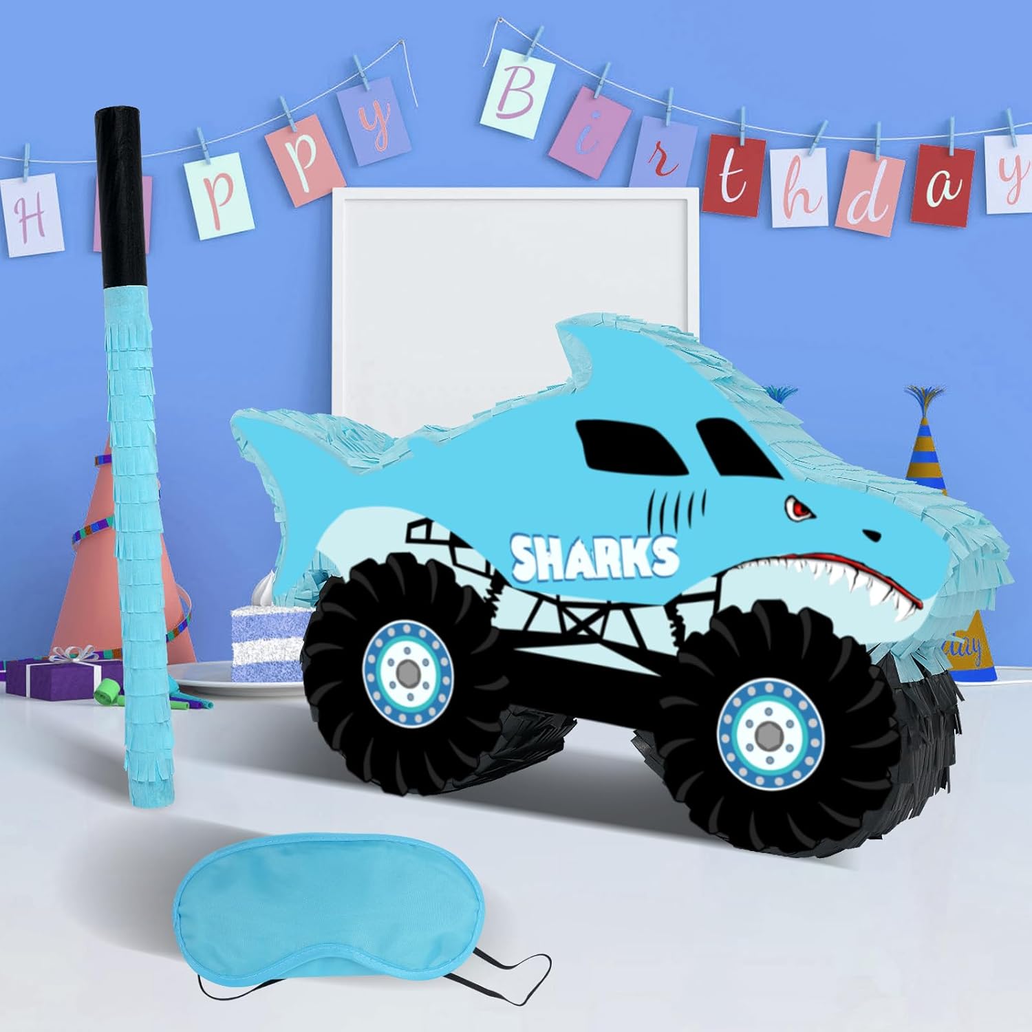 Piñata de camión de tiburón, piñata de camión monstruo con venda y murciélago para niños, decoración de juegos de fiesta de cumpleaños temática de