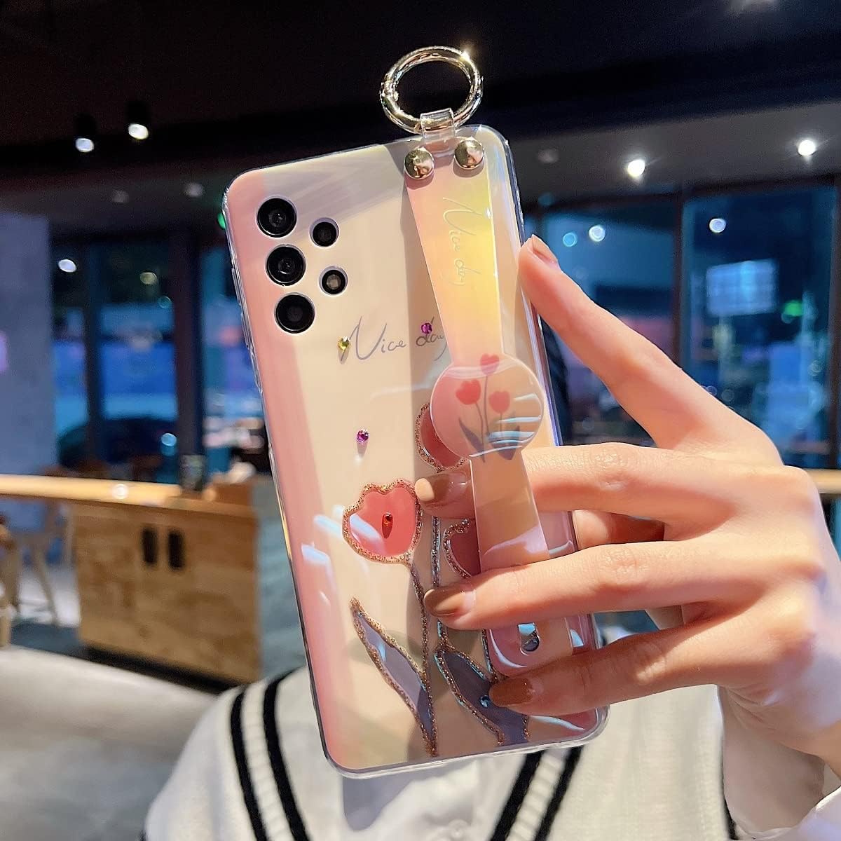 Funda para Samsung Galaxy A32 0.18 oz linda con correa de muñeca Kickstand A32 Case Glitter Bling Cartoon IMD Soft TPU a prueba de golpes Funda