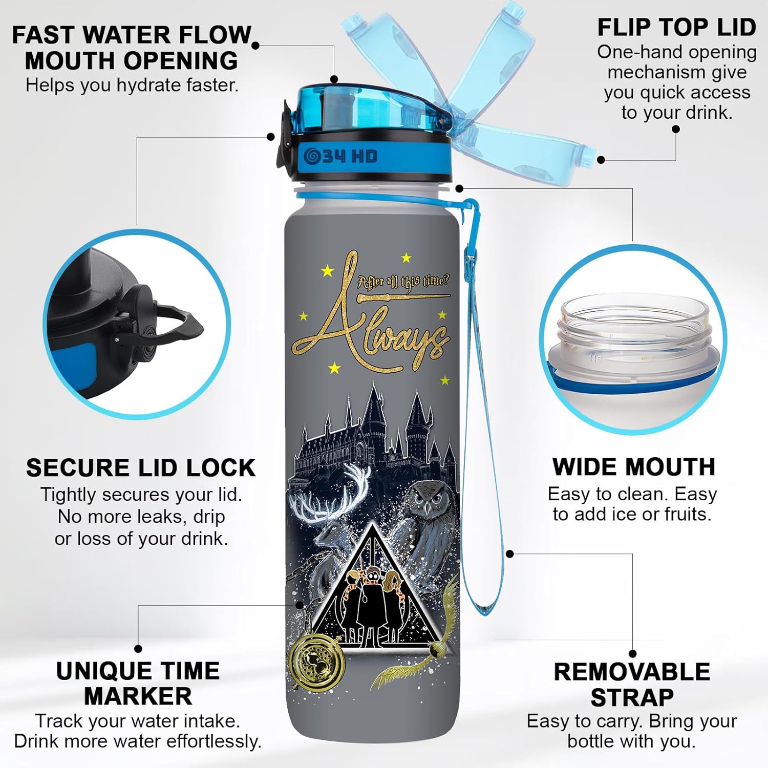 Potter – Botella de agua de 32 onzas con marcador de tiempo, botella motivacional de After All This Time, regalos para amantes del cine, regalos
