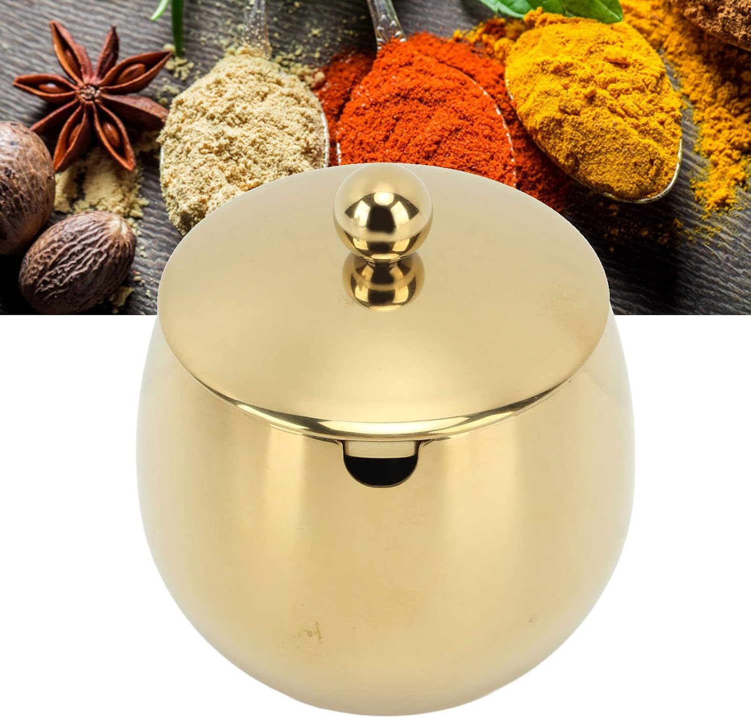 Pssopp Azucarero con tapa, tarro de especias de acero inoxidable, recipiente pequeño para condimentos para el hogar y la cocina (dorado)