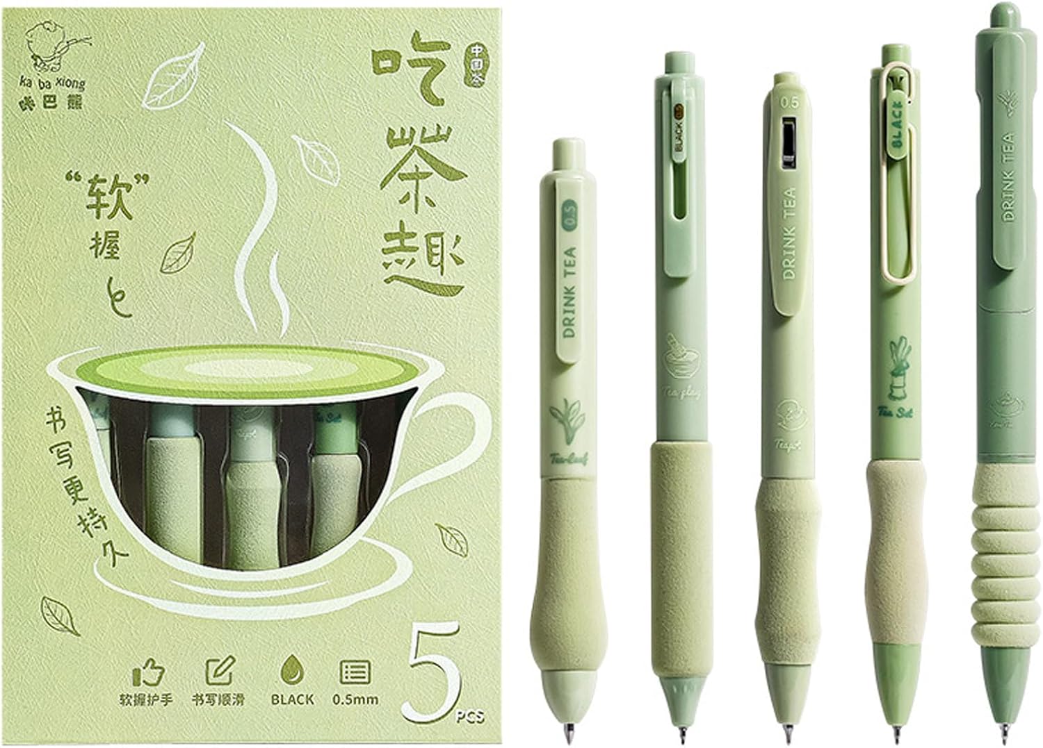 ITAWIXS Bolígrafos estéticos de tinta de gel, 5 unidades, color verde, bonitos bolígrafos retráctiles con diferentes puntas, tinta de secado rápido,