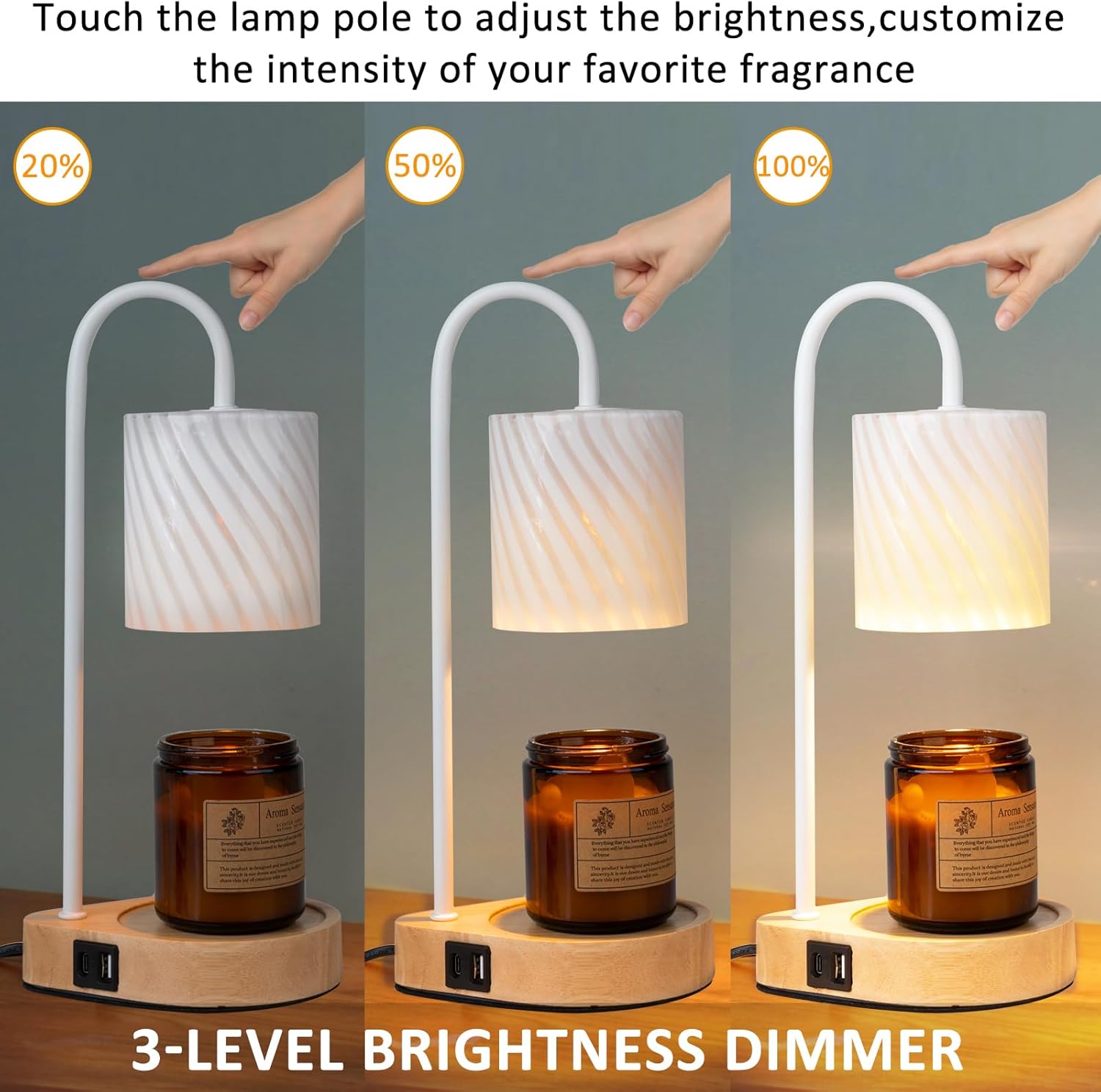 Lámpara eléctrica calentadora de velas con temporizador lámpara fundidora de velas de vidrio blanco roscado con puertos de carga USB y salida de CA,