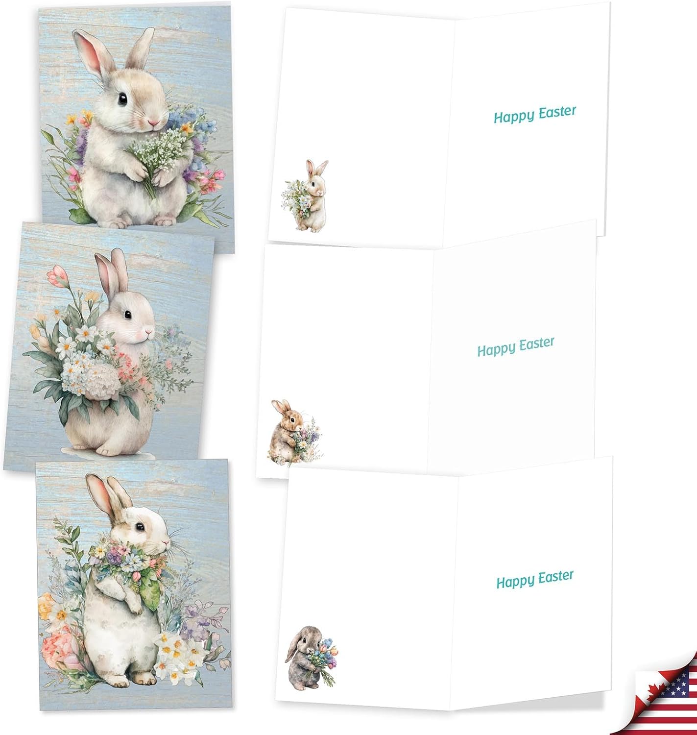 The Best Card Company Juego de 20 tarjetas de Pascua surtidas de 4 x 5.12 pulgadas con sobres (10 diseños, 2 de cada uno) conejitos con flores