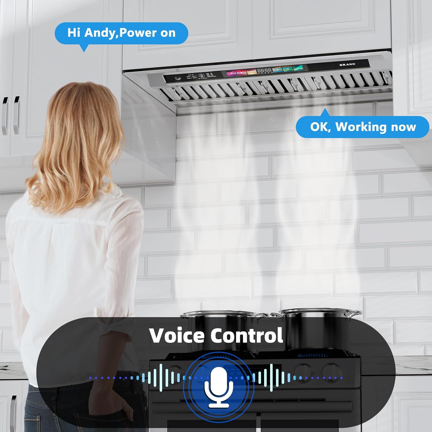 BRANO Campana extractora de 30 pulgadas con control de vozgestostáctil, ventilación de campana de cocina integrada de 900 CFM con ventilador de