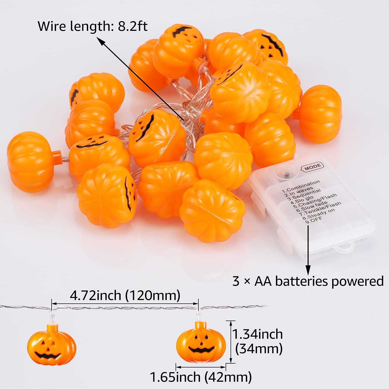 TORCHSTAR Guirnalda de luces de calabaza de Halloween, 20 LED 3D, impermeables, color naranja, funciona con pilas, luces decorativas de 8 modos,