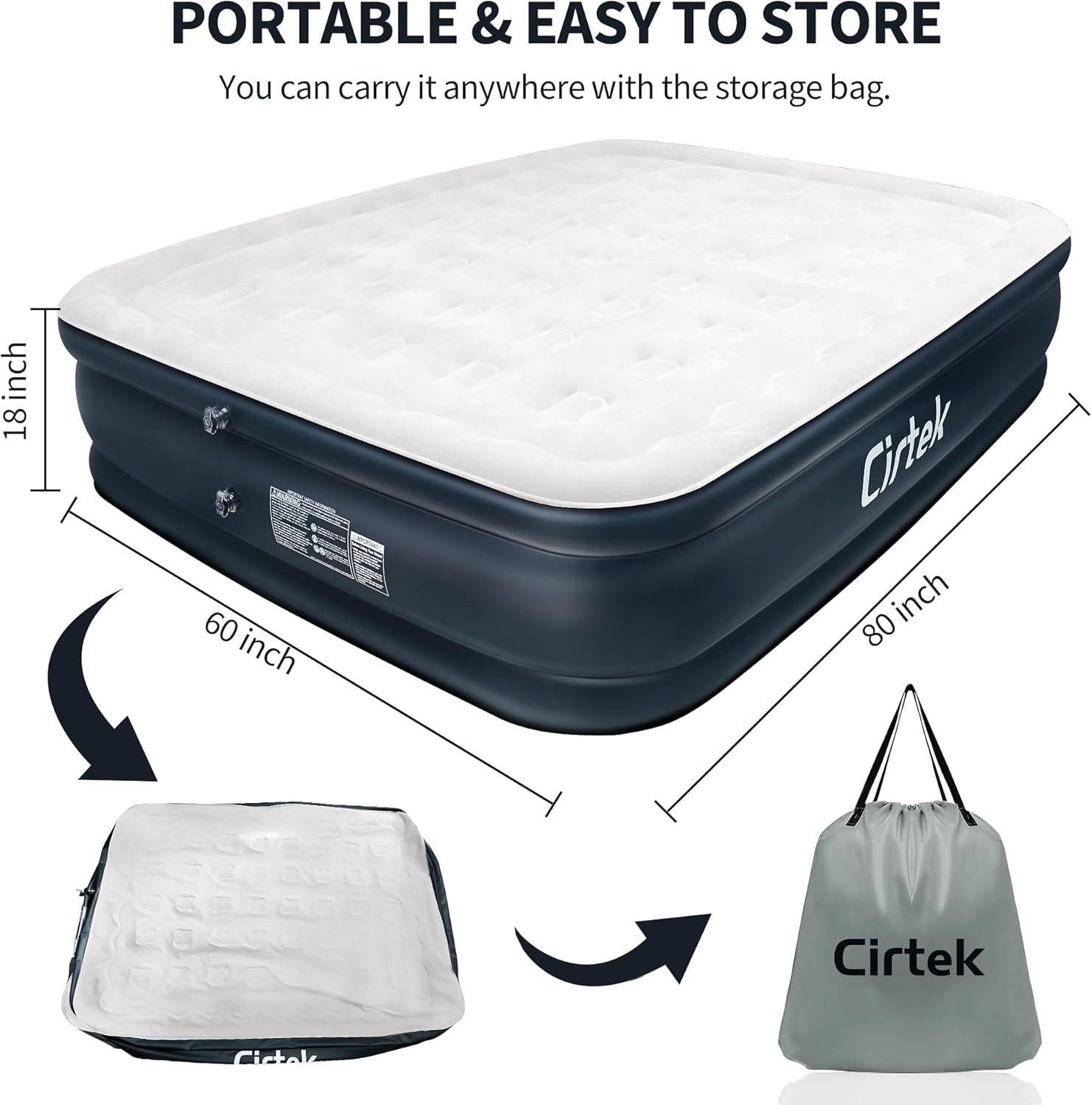 Cirtek Colchón inflable Queen de 18 pulgadas para campamento, viajes, dormir, colchón inflable de tamaño portátil con bomba eléctrica, cama de aire