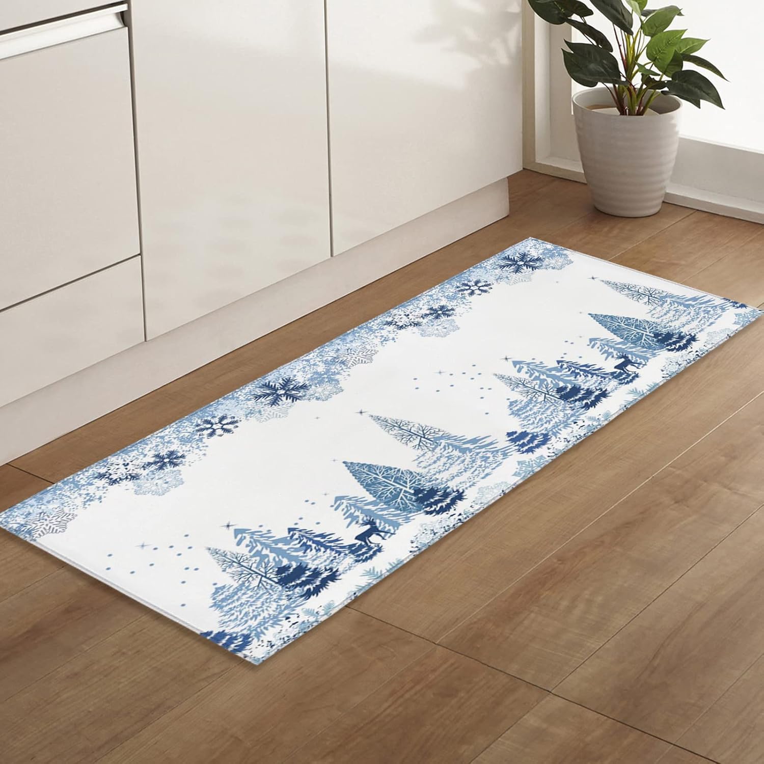 Juego de 1 alfombra y tapetes de cocina de Navidad, diseño abstracto de copos de nieve, alce y arbor, tapete antideslizante para el hogar, comedor,