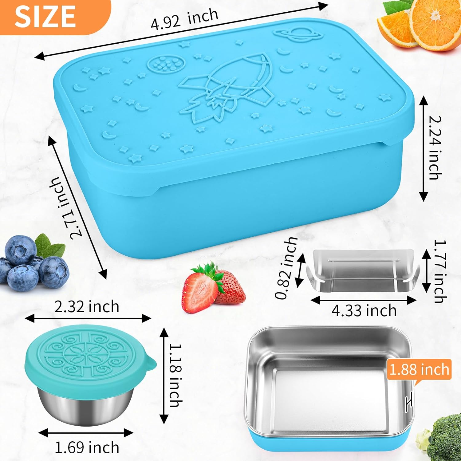 Lonchera Bento, caja Bento de acero inoxidable con compartimentos extraíbles y 2 tazas de salsa, apta para lavavajillas, congelador, libre de BPA,