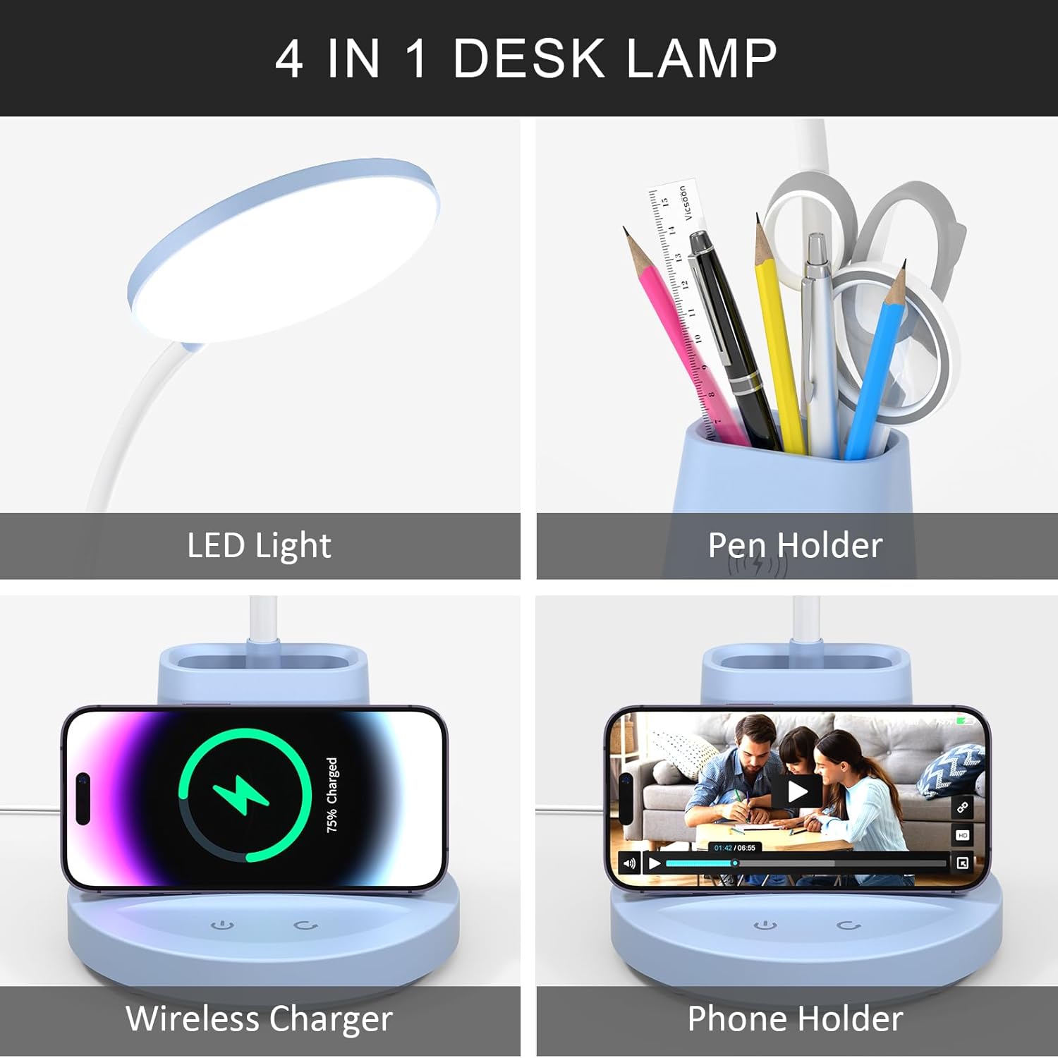 Lámpara LED de escritorio con cargador inalámbrico para oficina en casa, pequeña con soporte para bolígrafo, 800 lúmenes, 3 modos de color, cuello