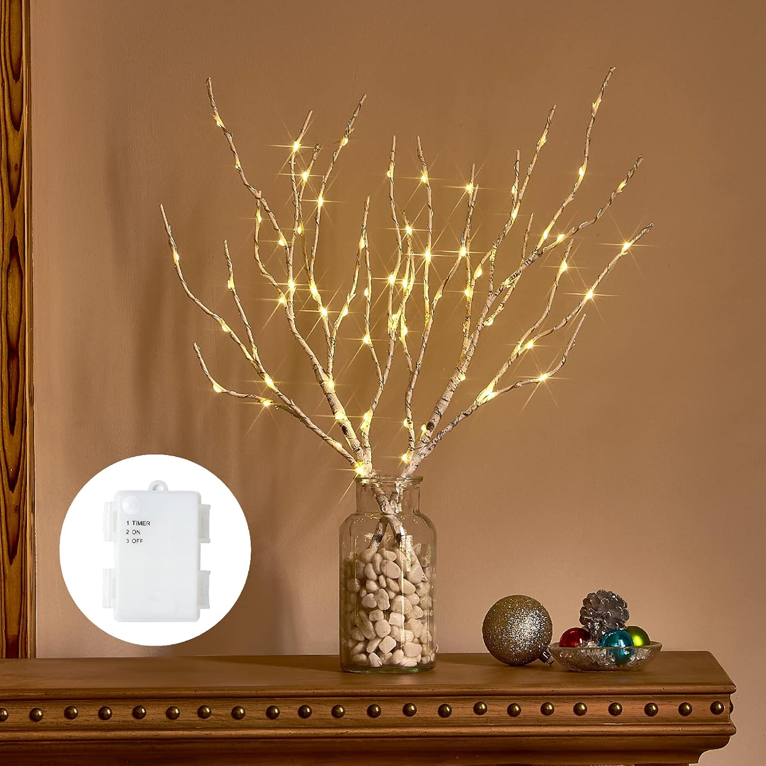 Birchlitland Ramas de abedul iluminadas con temporizador, funciona con pilas, 18 pulgadas, 70 L, luces LED blancas cálidas, luces decorativas
