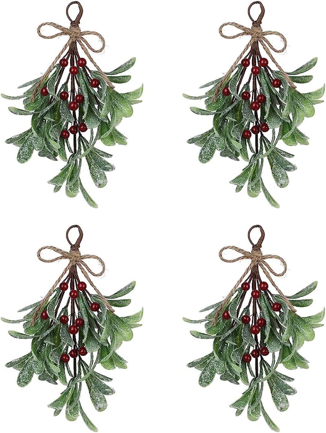 4 púas de muérdago artificiales, decoración de muérdago navideño de 9.1 pulgadas con bayas rojas, tallos florales de muérdago artificiales, adorno