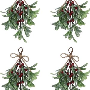 4 púas de muérdago artificiales, decoración de muérdago navideño de 9.1 pulgadas con bayas rojas, tallos florales de muérdago artificiales, adorno 4 púas de muérdago artificiales, decoración de muérdago navideño de 9.1 pulgadas con bayas rojas, tallos florales de muérdago artificiales, adorno