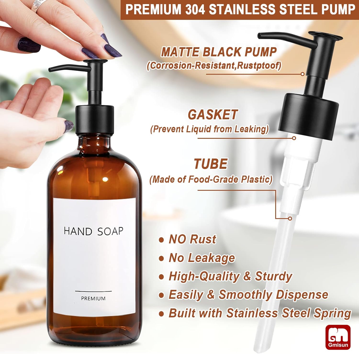 GMISUN Dispensador de jabón de vidrio ámbar, paquete de 2 dispensadores de jabón de manos para baño con bomba de acero inoxidable, juego de