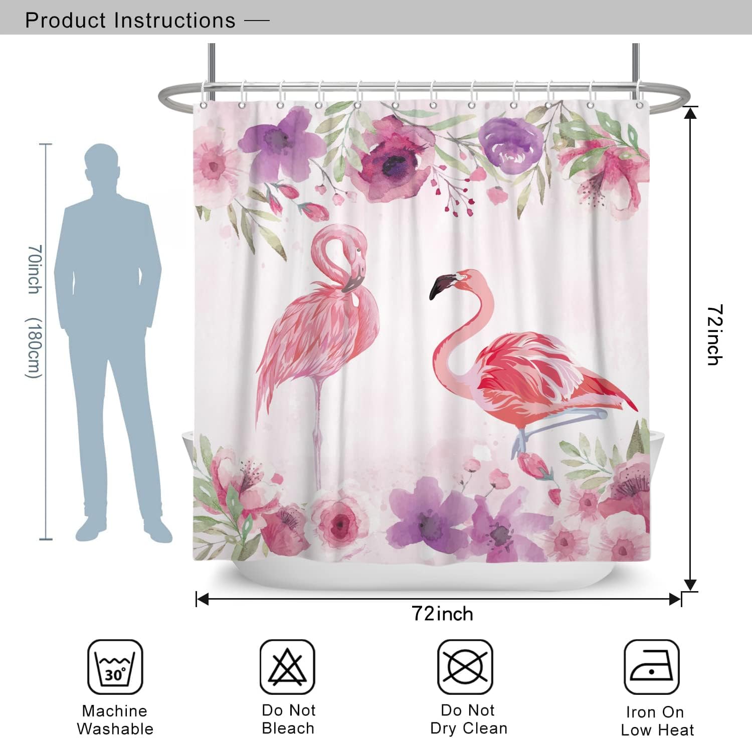 Cortinas de ducha de flamenco rosa para baño, cortina de ducha floral de 72 pulgadas de ancho x 72 pulgadas de largo, hoja de palma verde, planta