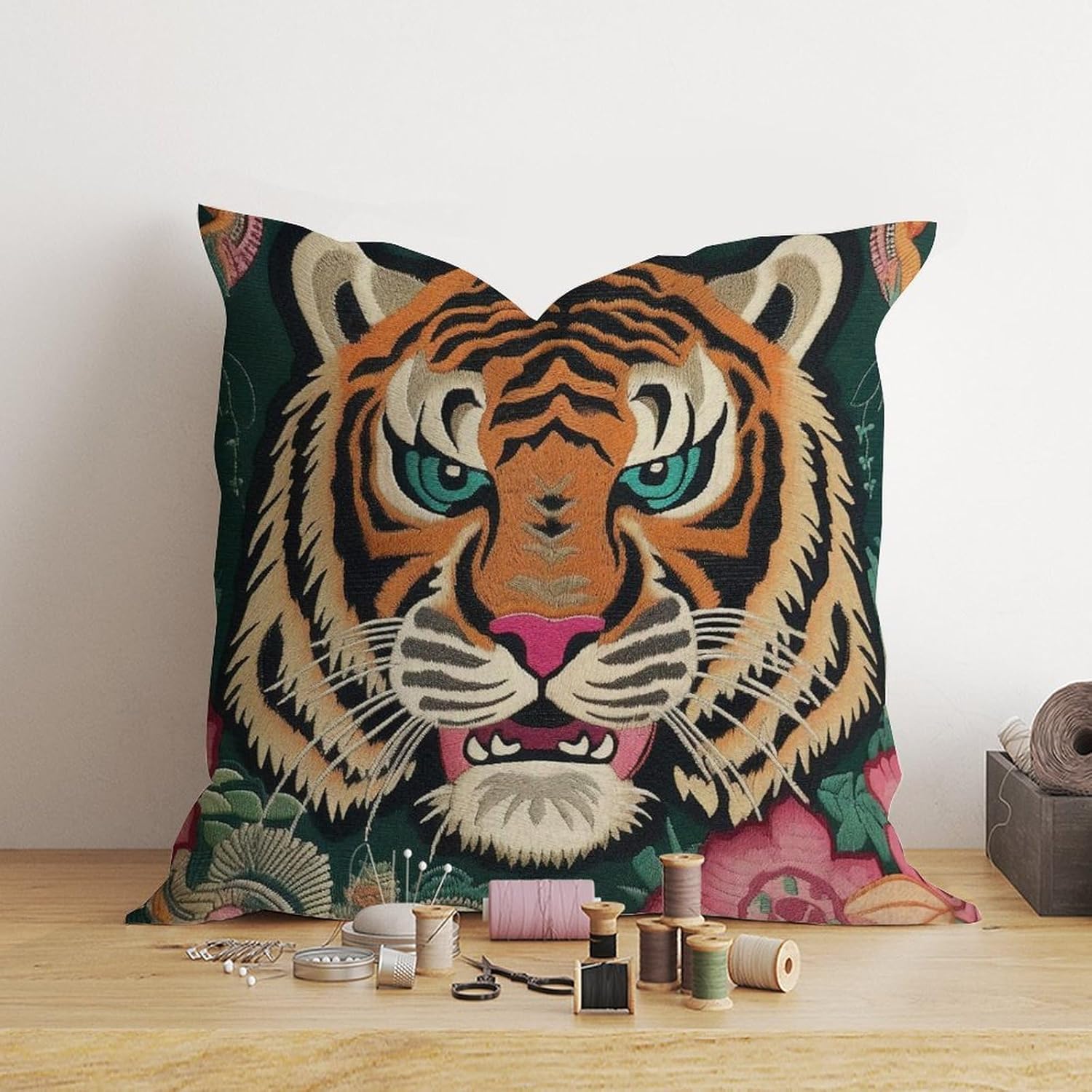 Funda de almohada con estampado de tigre, color rosa, verde y turquesa, negro, funda de almohada colorida de animales chinoiserie, 18 x 18 pulgadas,