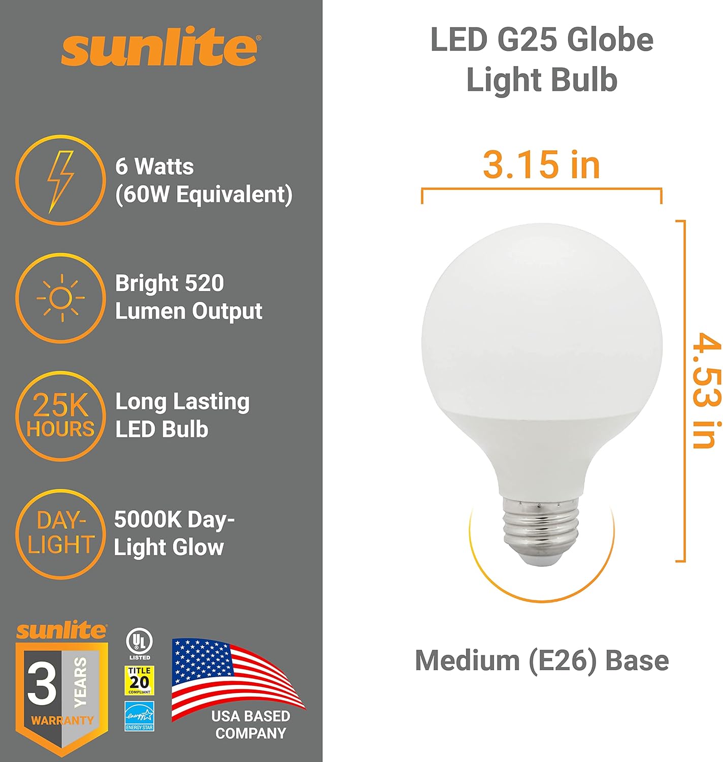 Sunlite Bombilla LED G25 41821, 6 vatios (equivalente a 60 W), base E26 estándar, 520 lúmenes, regulable, esmerilado, Energy Star, 90 CRI,