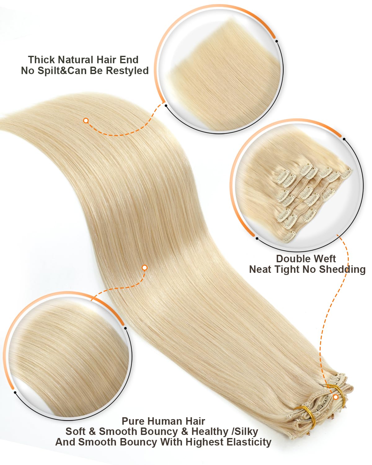 Missme Extensiones de cabello humano real con broches, 18 pulgadas, 4.23 oz, 7 unidades, 16 clips, 100 % cabello humano real rubio platino para mujer