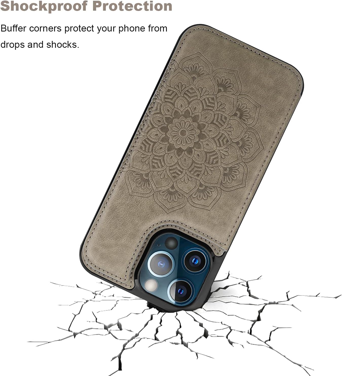 Vaburs Funda compatible con iPhone 13 Pro Max con tarjetero y diseño de mandala en relieve, de piel sintética, doble botones, a prueba de golpes,
