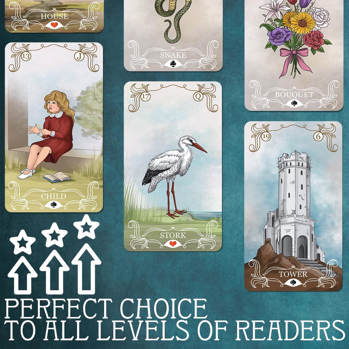 OMNITO Borderless Oracle Magic Lenormand Deck  Tarjetas de sabiduría para el amor y la vida  Juego de 36 cartas vintage místico con guía para