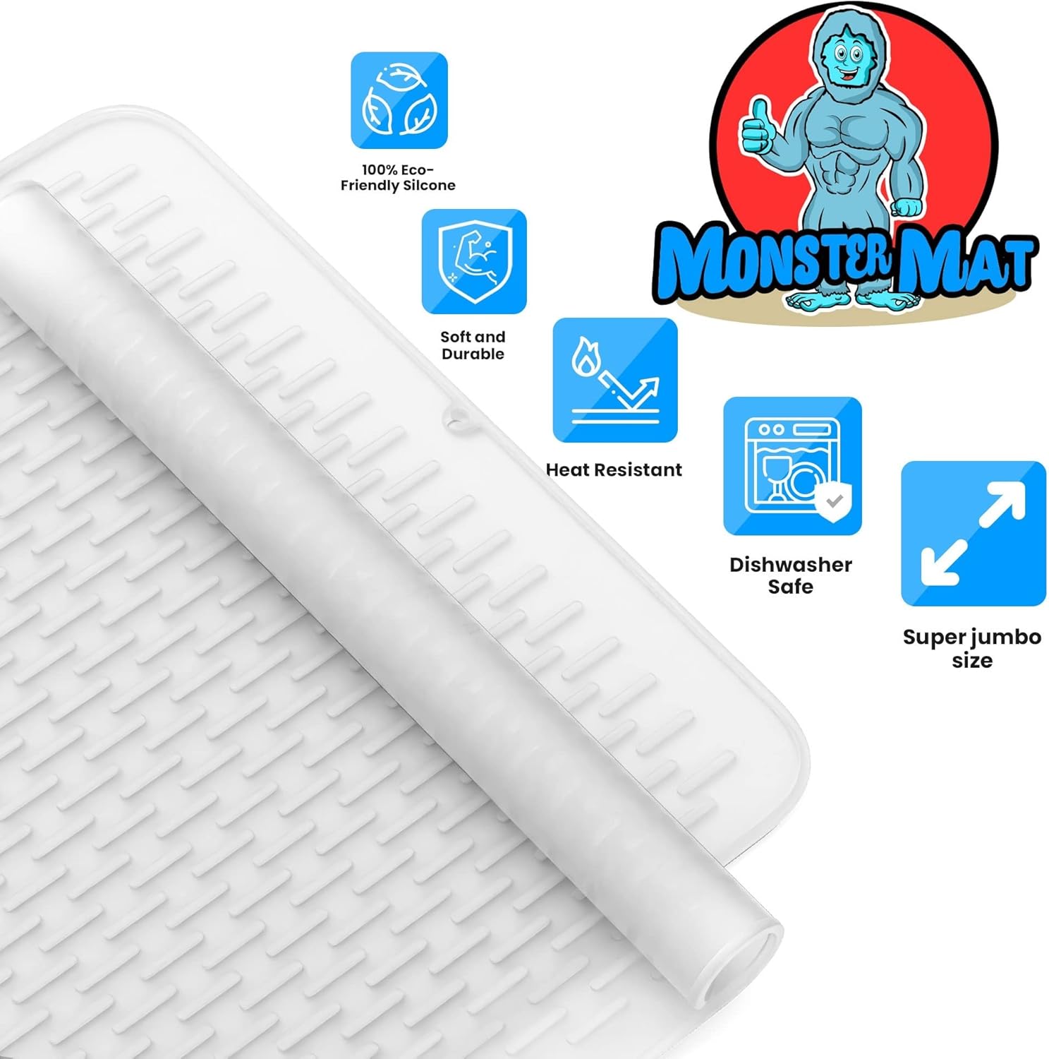 MonsterMat – Tapete extra grande (30 x 24 pulgadas) para secar platos de silicona resistente para encimeras de cocina (translúcido, XL – 30 x 24