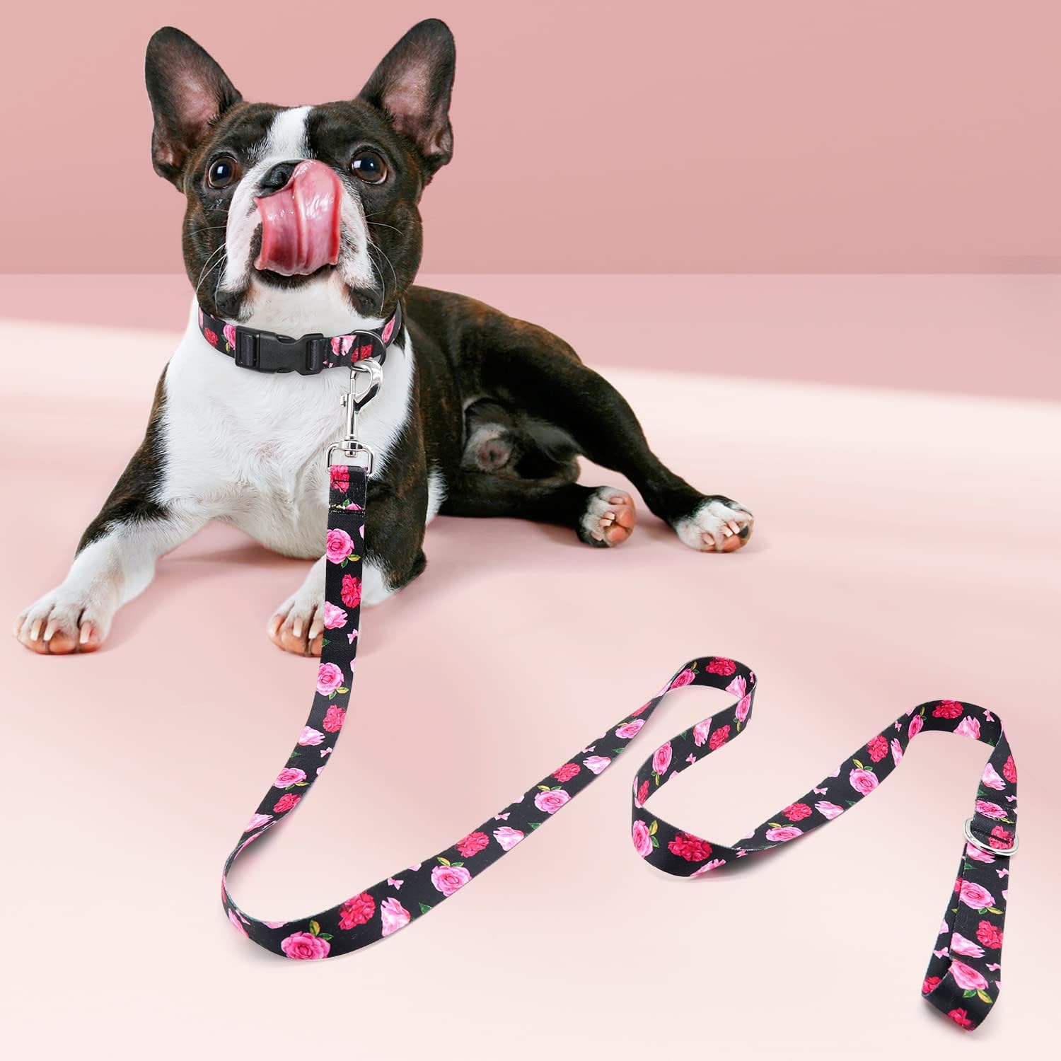 Correa de perro negra con diseño floral para cachorros, perros de raza pequeña, correa de perro de 4 pies