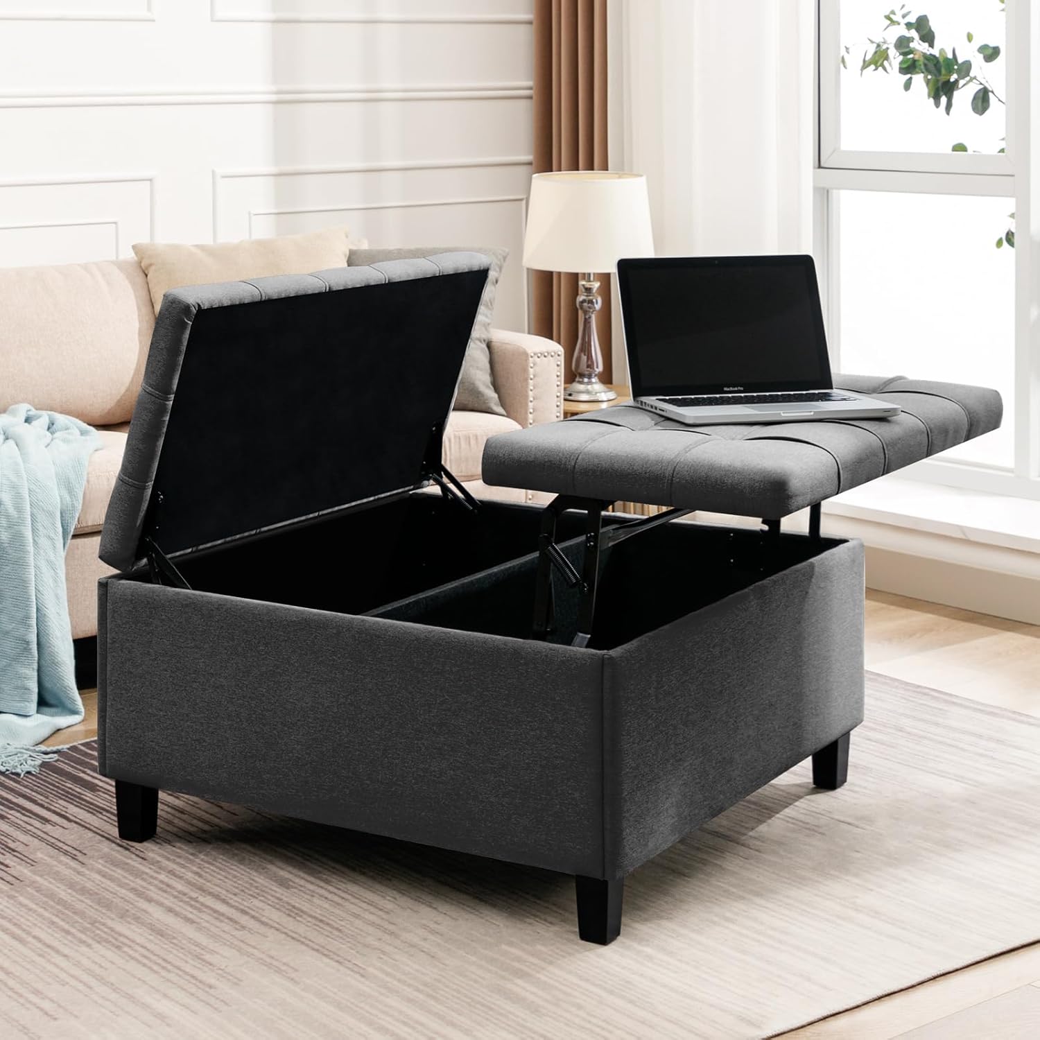 Mesa de centro otomana con elevador, otomana cuadrada con almacenamiento, tela de lino y patas de madera, reposapiés tapizado con asiento acolchado