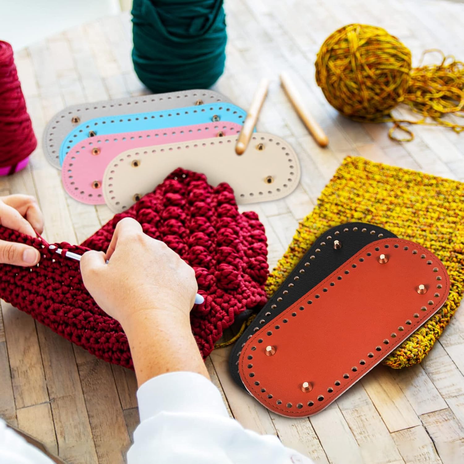 8 piezas de piel sintética, bolsa de ganchillo ovalada para tejer, para hacer manualidades, bolsa de ganchillo, bolsa de hombro y fabricación de