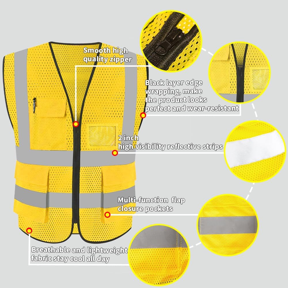HYCOPROT High Visibility Mesh Safety Reflective Vest with Pockets and Zipper, Meets ANSIISEA Standards