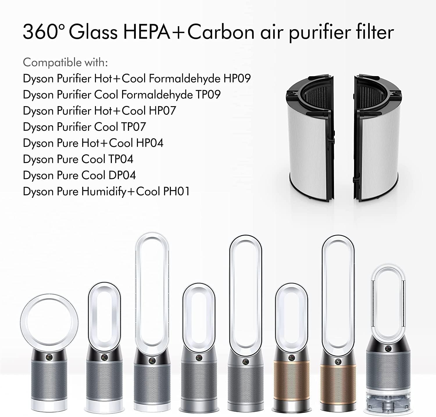 2 en 1 HEPA+filtro de carbono compatible con Dyson HP04 TP04 DP04 PH04 HP09 TP09 HP07 TP07 HP06 TP06, filtro de repuesto HEPA verdadero grado H13