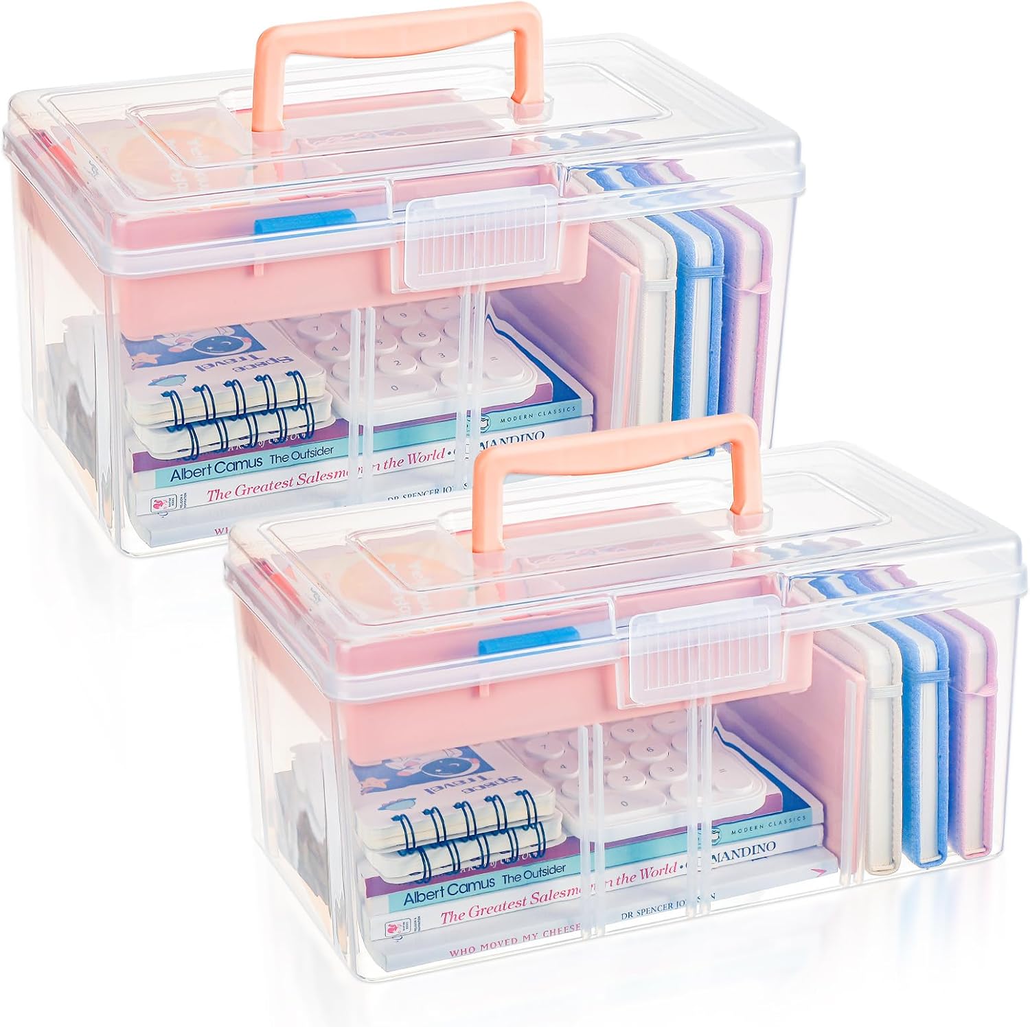 Leinuosen Caja de almacenamiento dividida de plástico transparente de 2 capas con bandeja extraíble, caja de almacenamiento multiusos de papelería