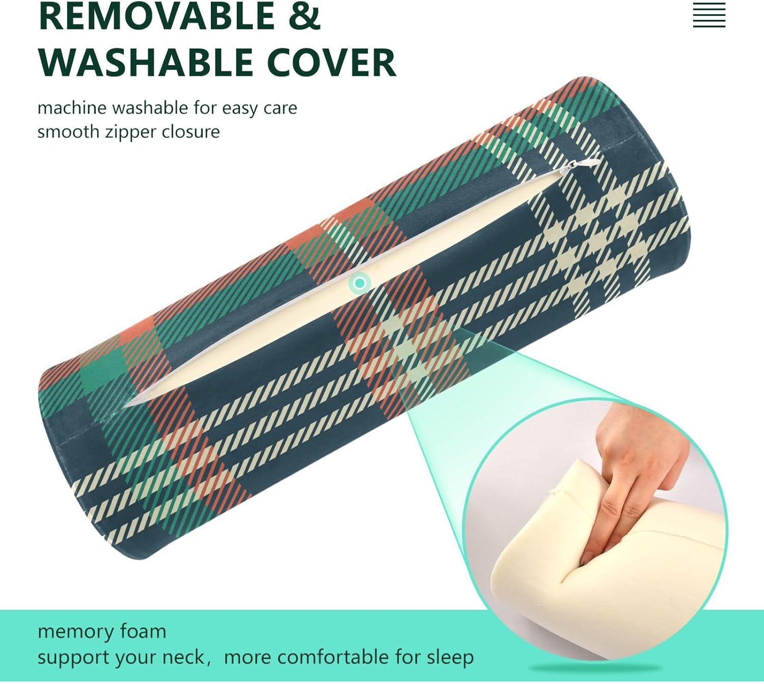 KLL Plaid Pattern with Green White Orange Round Bolster Pillow Memory Foam Neck Roll Pillow Foam Round Pillow Cushion Insert Support Pillow