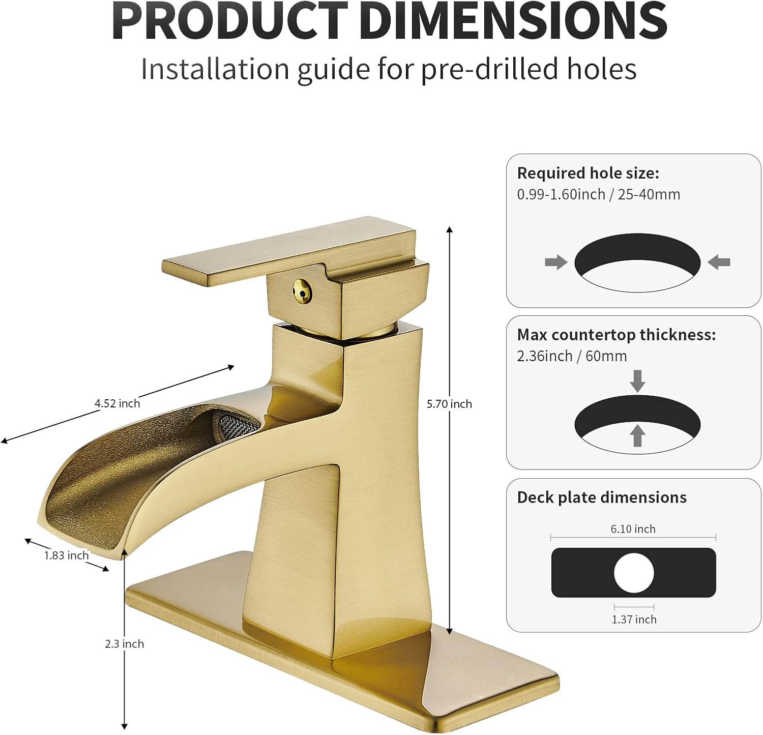 Grifo de baño dorado cepillado de un solo agujero, moderno grifo de lavabo de baño de cascada, grifos de tocador de baño de una sola manija con