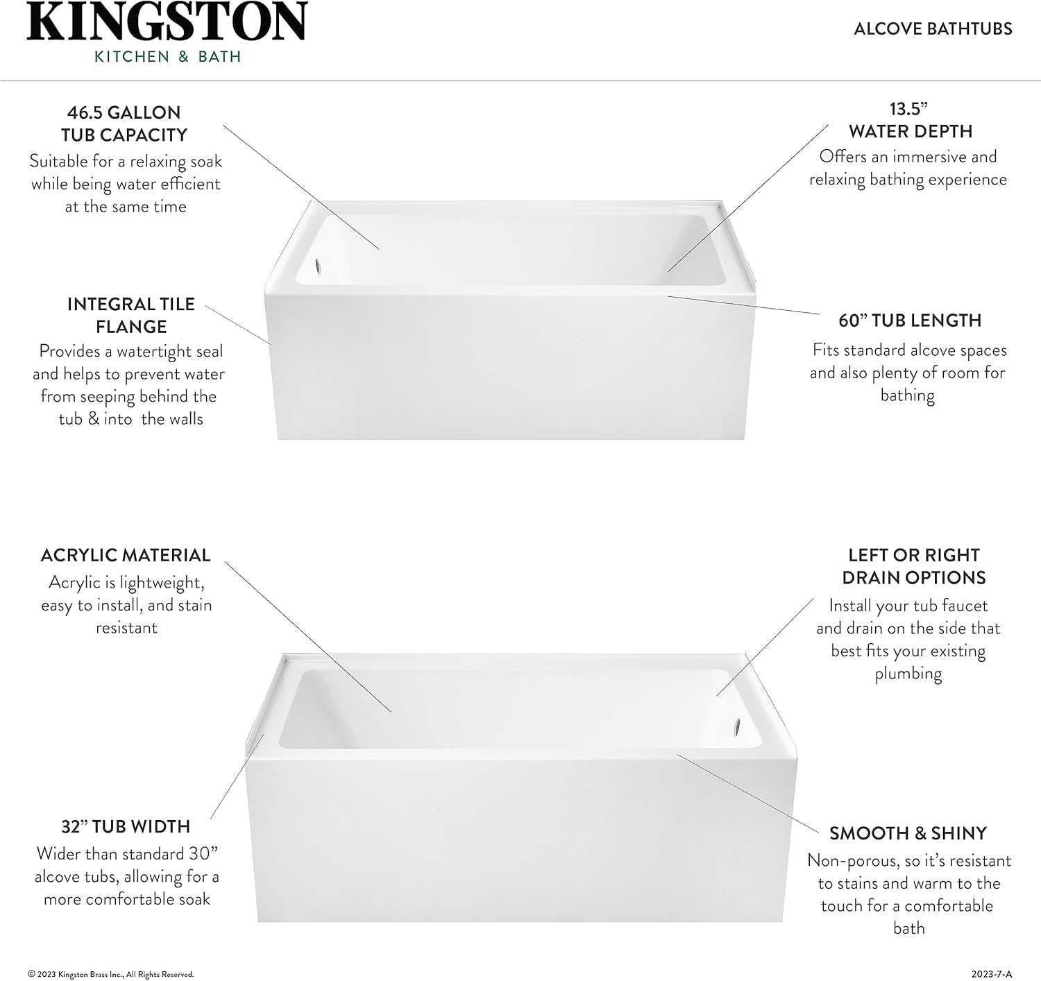 Kingston Brass VTAP6032L22 Aqua Eden – Tina de alcoba acrílica de 60 pulgadas con orificio de drenaje para mano izquierda, blanco brillante