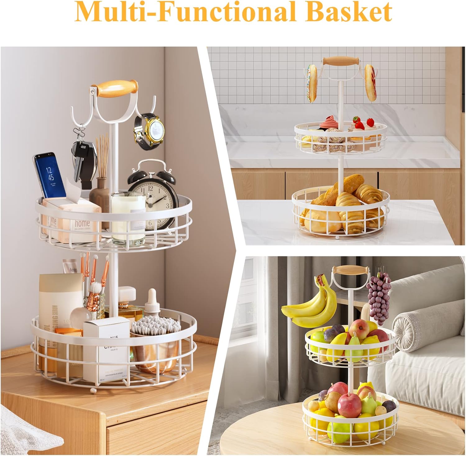 SAYZH Cesta de frutas de 2 niveles con soporte doble para árbol de plátano y mango de elevación de madera, cesta de alambre de metal para encimera
