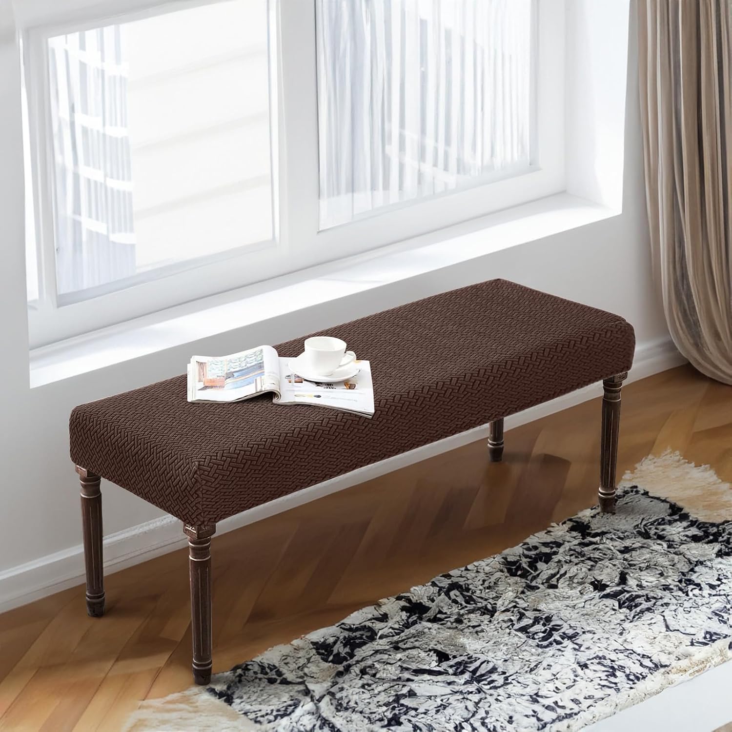 Funda de banco de jacquard elástica para comedor, antipolvo, extraíble, lavable, para sala de estar, dormitorio, cocina (47-59 pulgadas, marrón