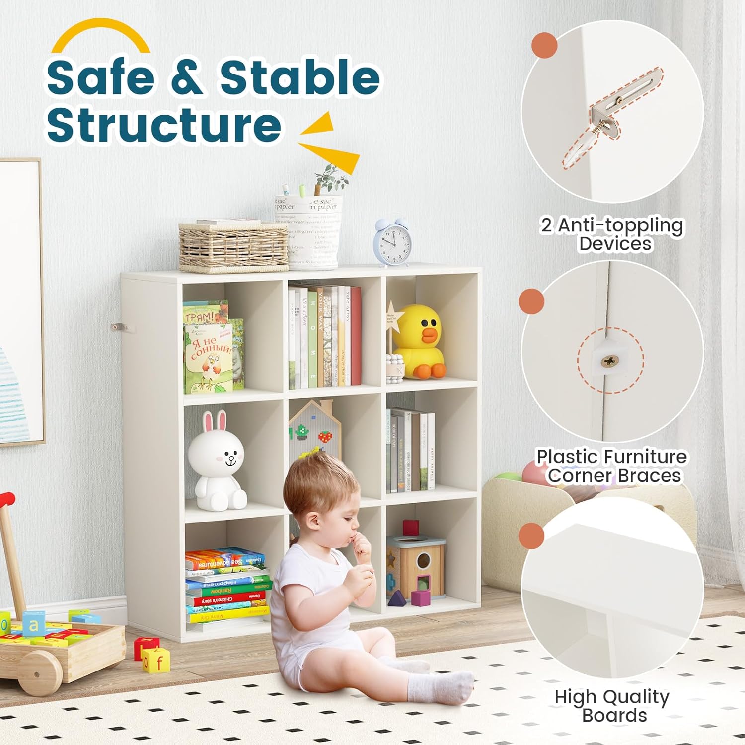Costzon 9-Cube Toy Storage and Organizer, 4-Tier Wooden Kids Bookshelf, Toy and Book Storage Display Organization, Toddler Shelf for Playroom,