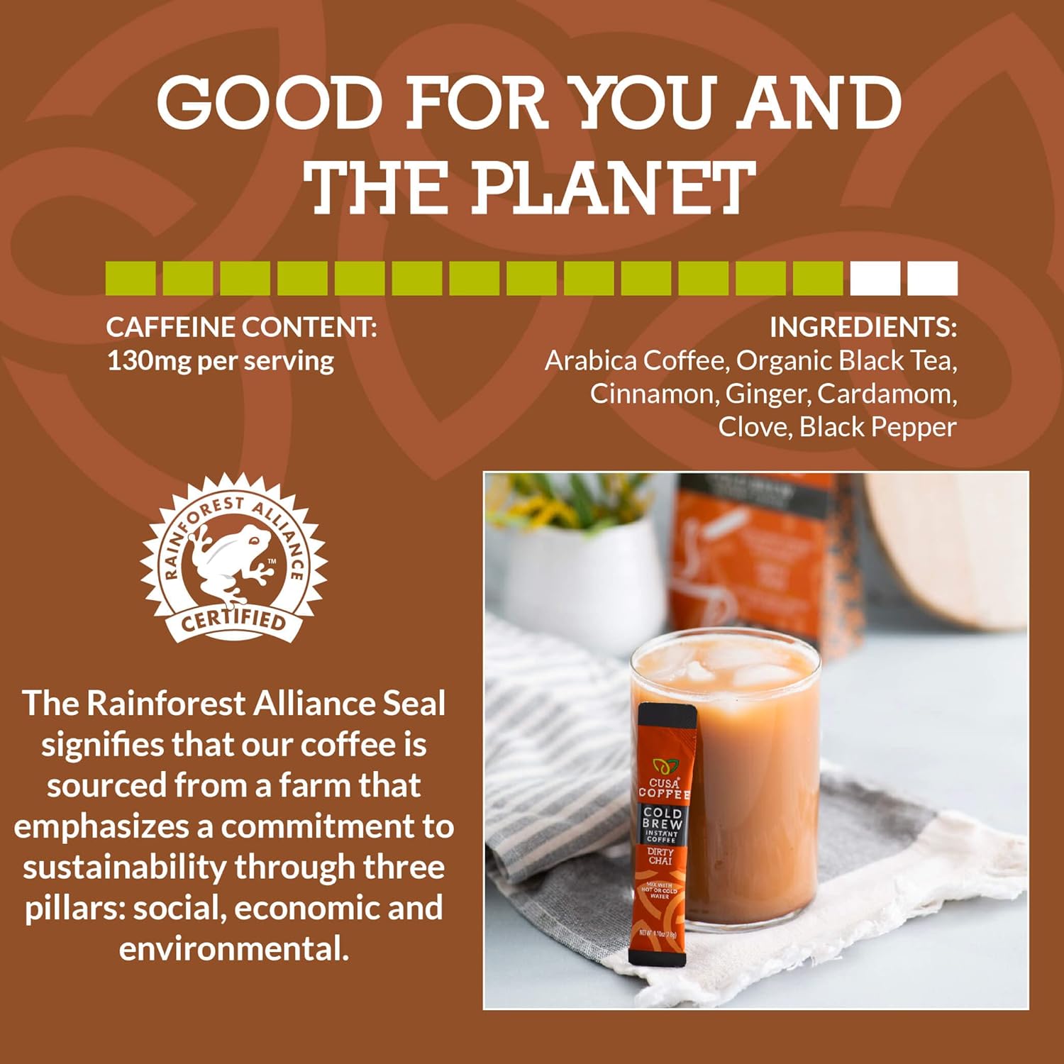 Cusa Tea & Coffee, café frío Dirty Chai. Café instantáneo de primera calidad, granos arábica certificados Rainforest Alliance. Paquetes de mezcla de
