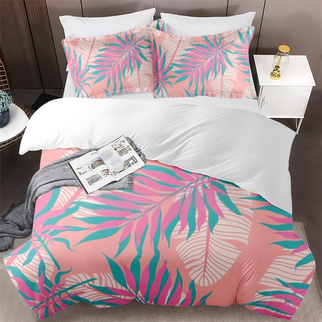 Juego de funda de edredón, juego de ropa de cama floral de verano con palmeras tropicales para niños y adultos, decoración de dormitorio de hojas de