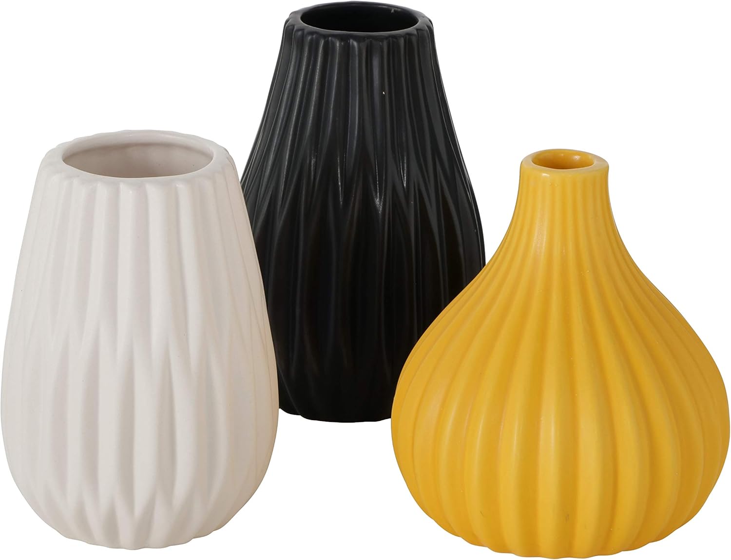 Juego de 3 jarrones icónicos Scandi para bebé, estriados, color amarillo empapado, blanco y negro, 4 de diámetro x 4.75 pulgadas de alto, diseño