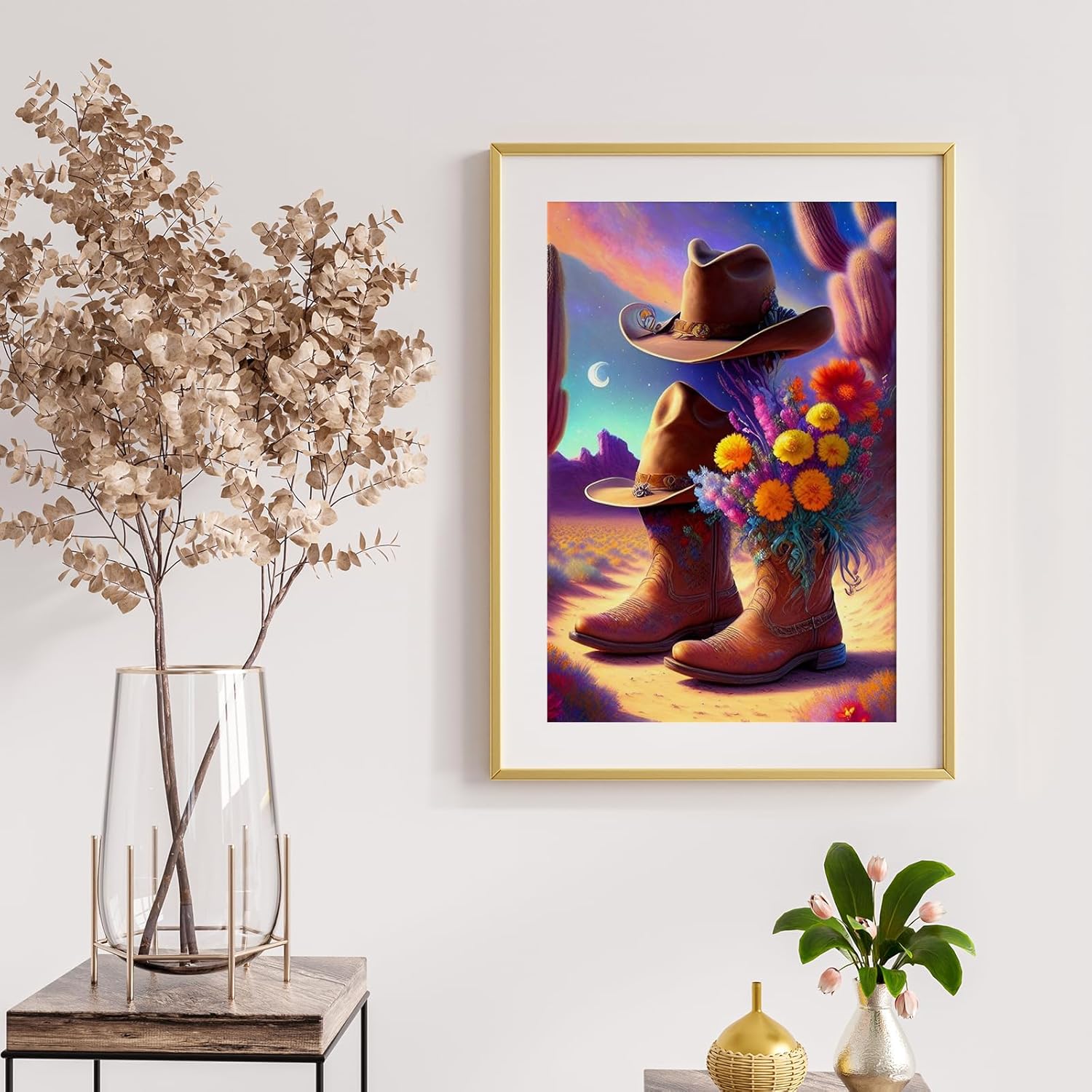 ROOHOME Kit de pintura de diamantes con sombrero de bota de flores de fantasía, kit de arte redondo de diamante 5D para adultos y niños, kit de