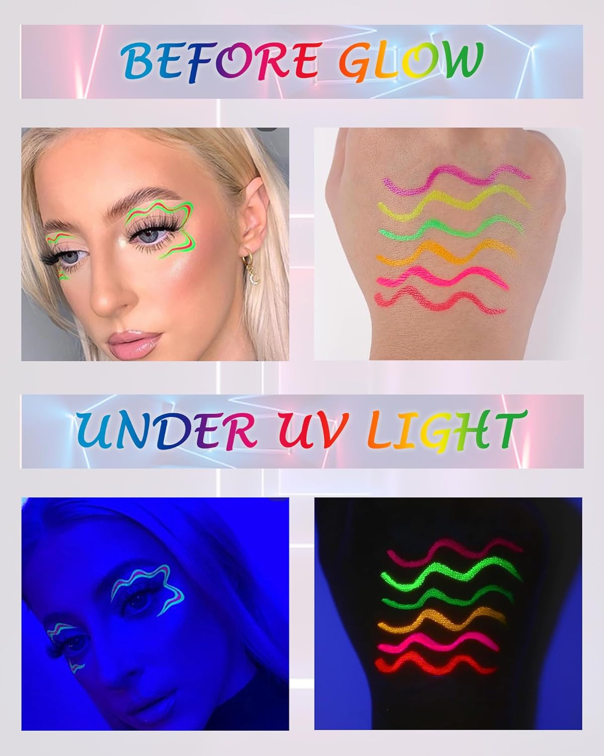 Juego de delineador líquido de neón con brillo UV, 6 colores mate, delineador de ojos de arcoíris mate, delineador de ojos neón luminoso de colores,