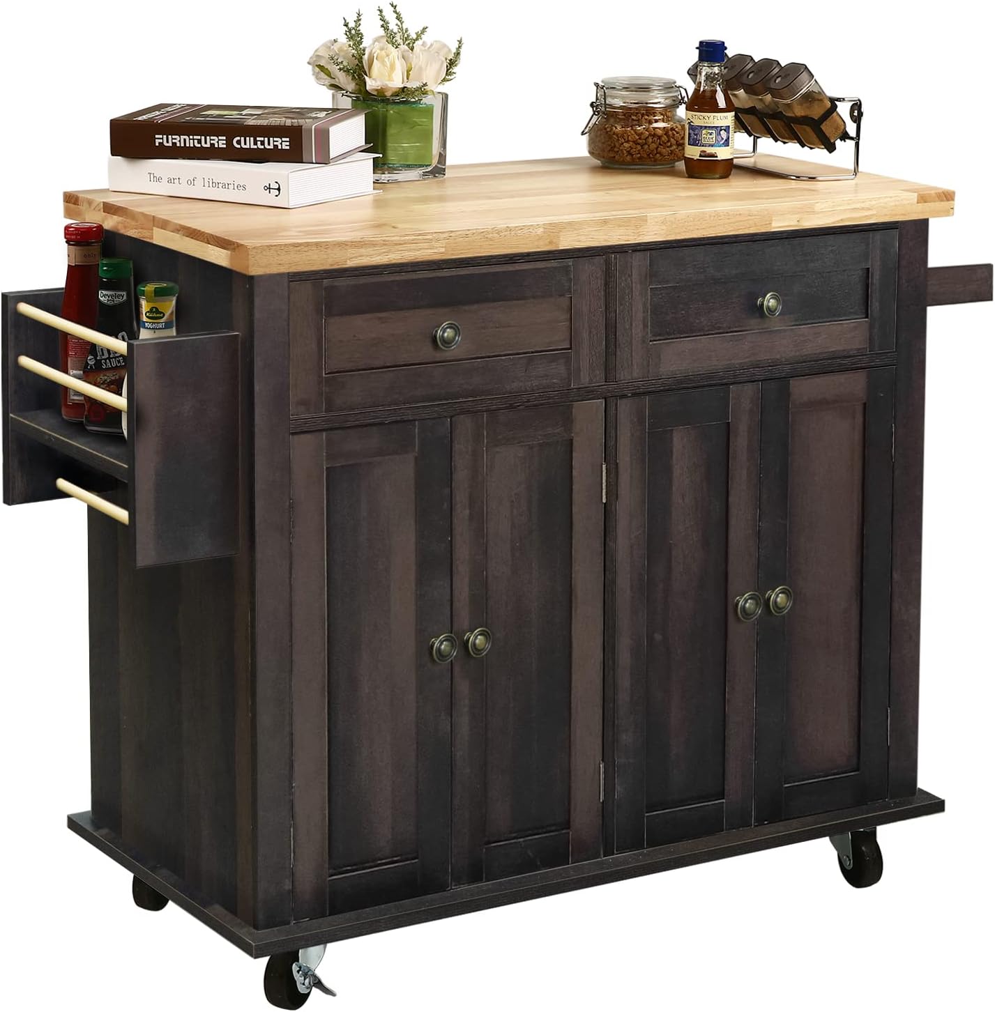NSdirect Carrito de isla de cocina, barra de cocina y carrito de servicio, ruedas con estante para especias, toallero, carrito de almacenamiento con