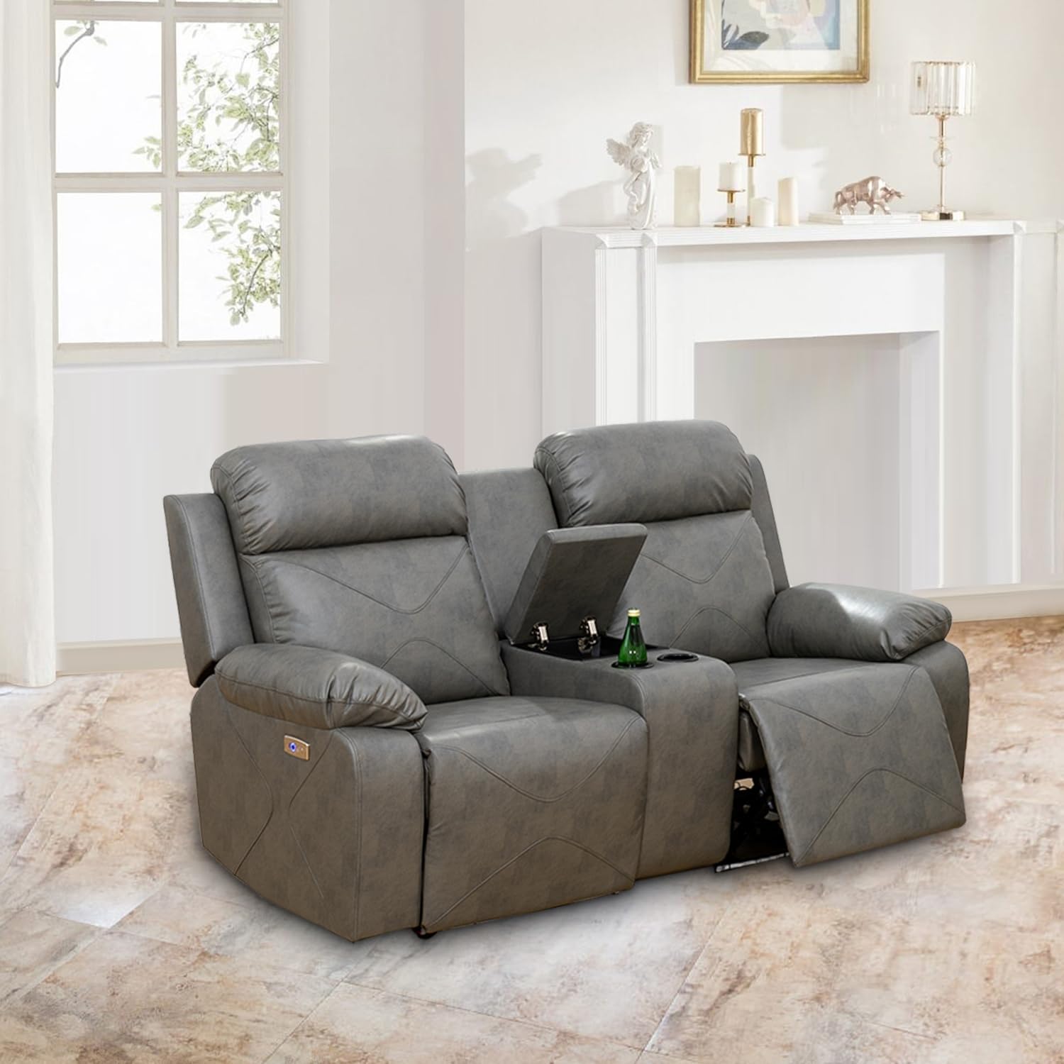 Juego de sofá reclinable de cuero eléctrico con luces LED, juego de muebles de sala de estar, juego de sofá de cuero con puerto USBconsola de