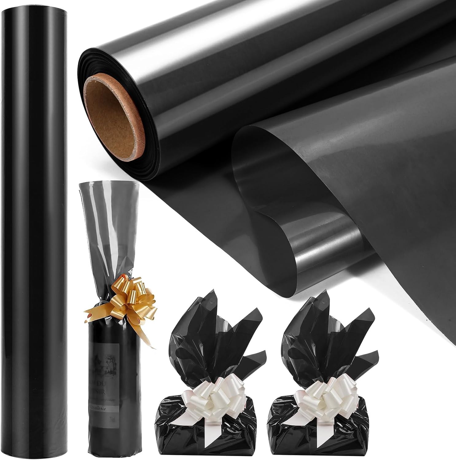HiloPack Rollo de celofán negro, 34 pulgadas plegado a 17 pulgadas x 100 pies de largo, papel de regalo de plástico de 3 mil de grosor para cestas