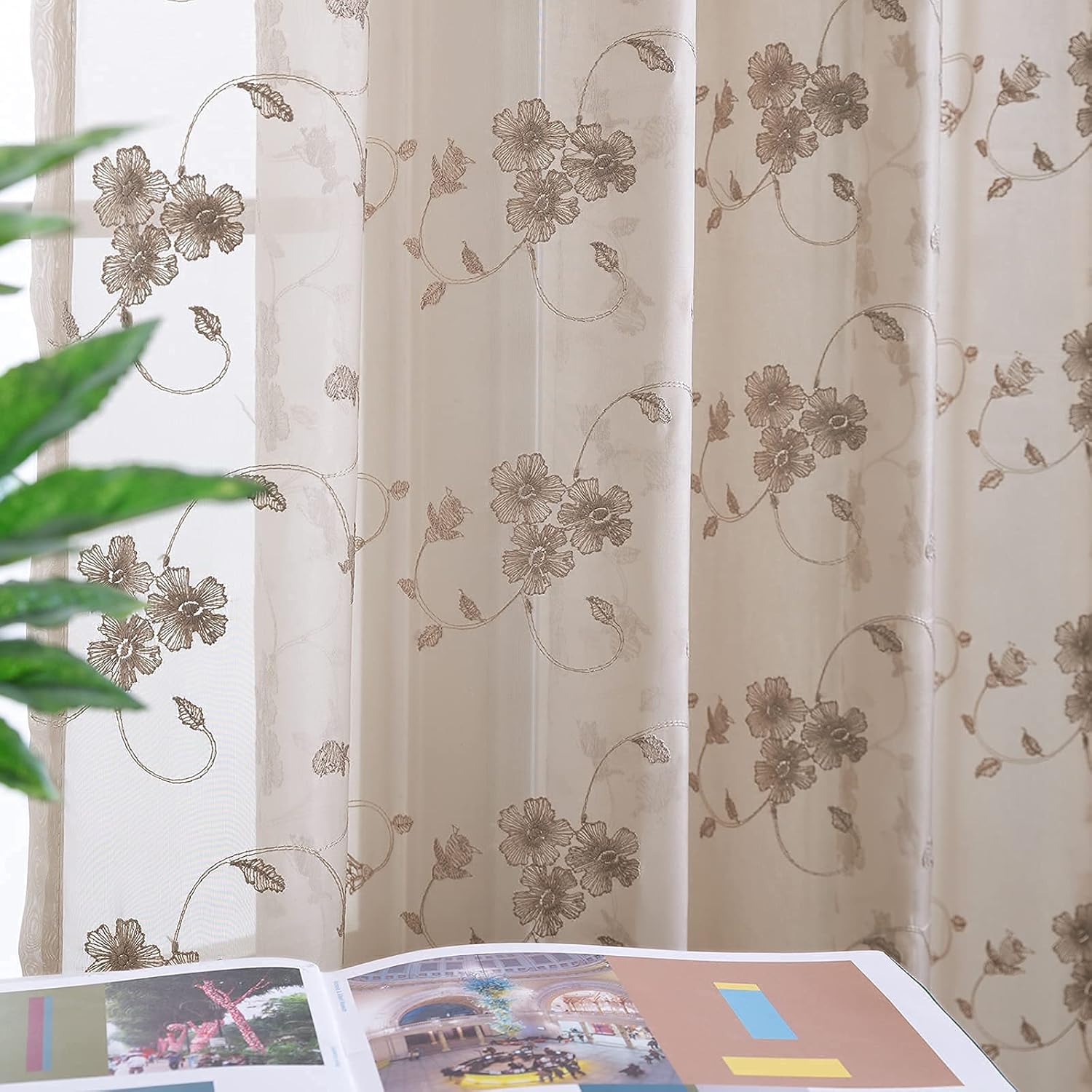 Lazzzy – Cortinas transparentes de gasa bordada con diseño floral