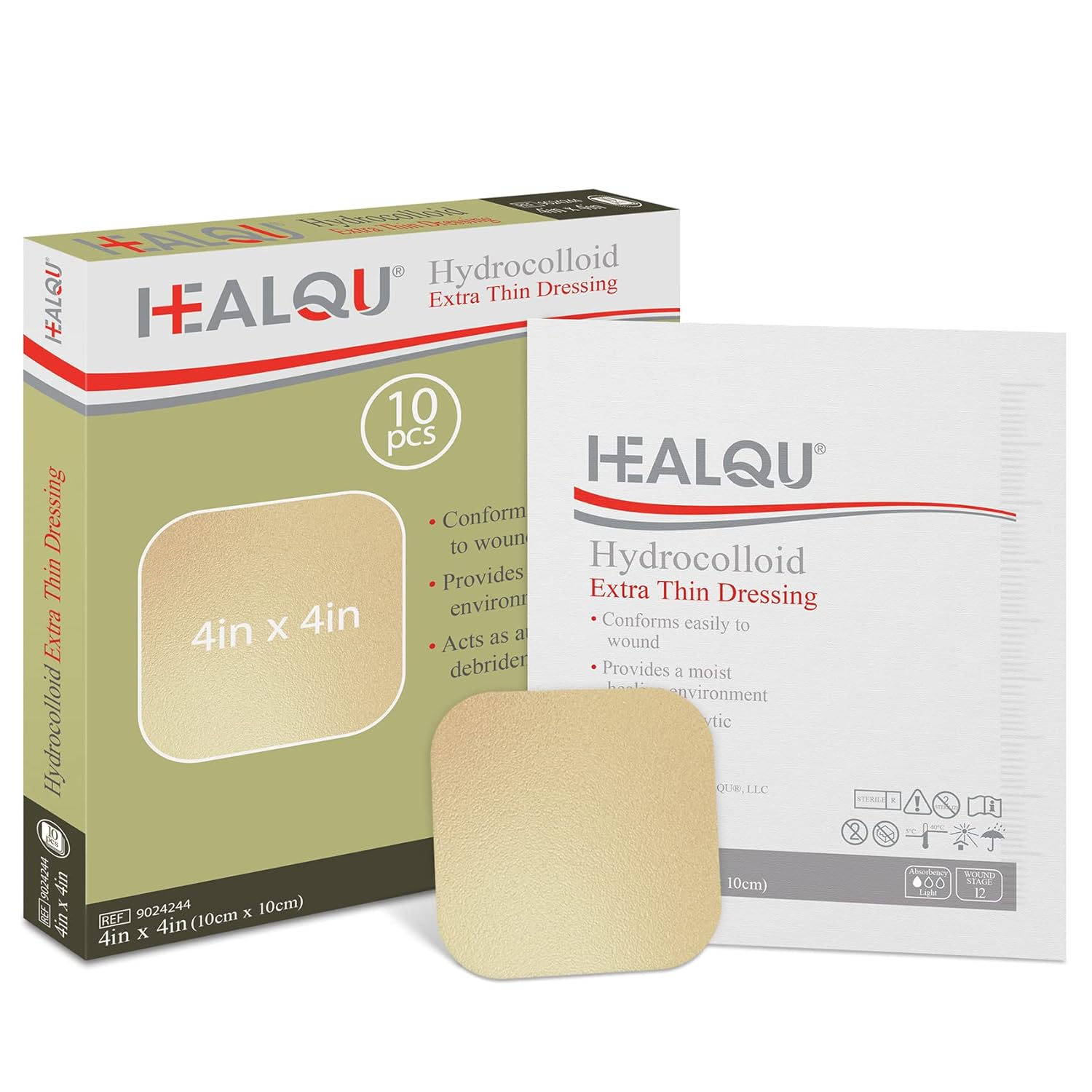 Healqu Apósito hidrocoloide para heridas  4 x 4 pulgadas de grosor  Caja de 10 vendas grandes  Parches hidrocoloides con borde esterilizado para