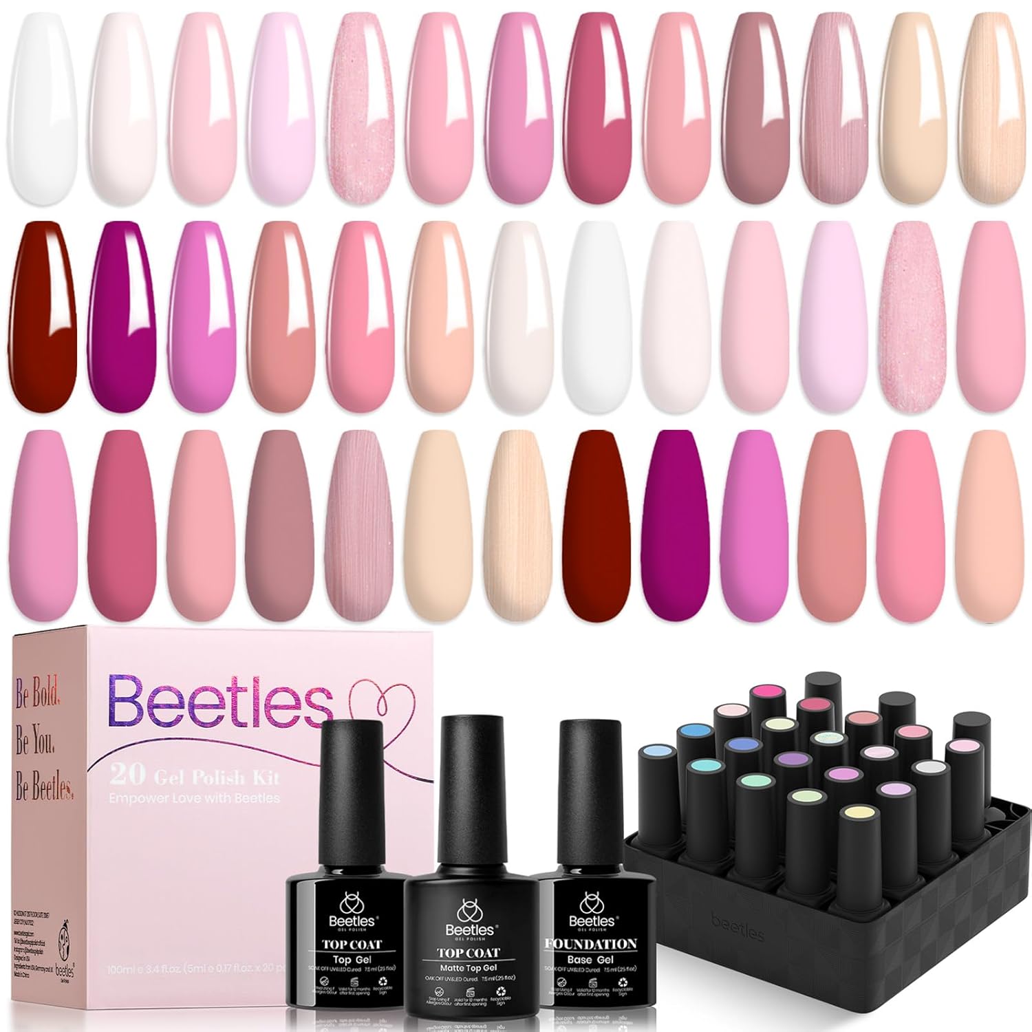 Beetles – Juego de 23 esmaltes de uñas de gel Dare to Bare Collection Nude Pink White Neutral Soak Off UV LED Lamp Necesita manicura con 3 piezas de
